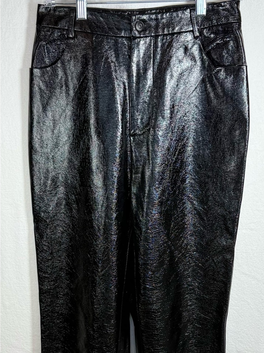 White Fox Womens L Black Faux Leather PU Pants Glossy Straight Leg Australia